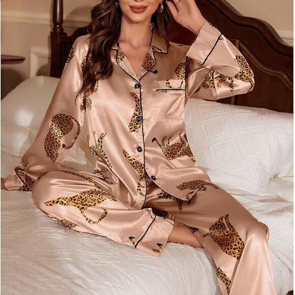 Women's Leopard Print Silk Satin Pajama Set - Picture 2 of 6